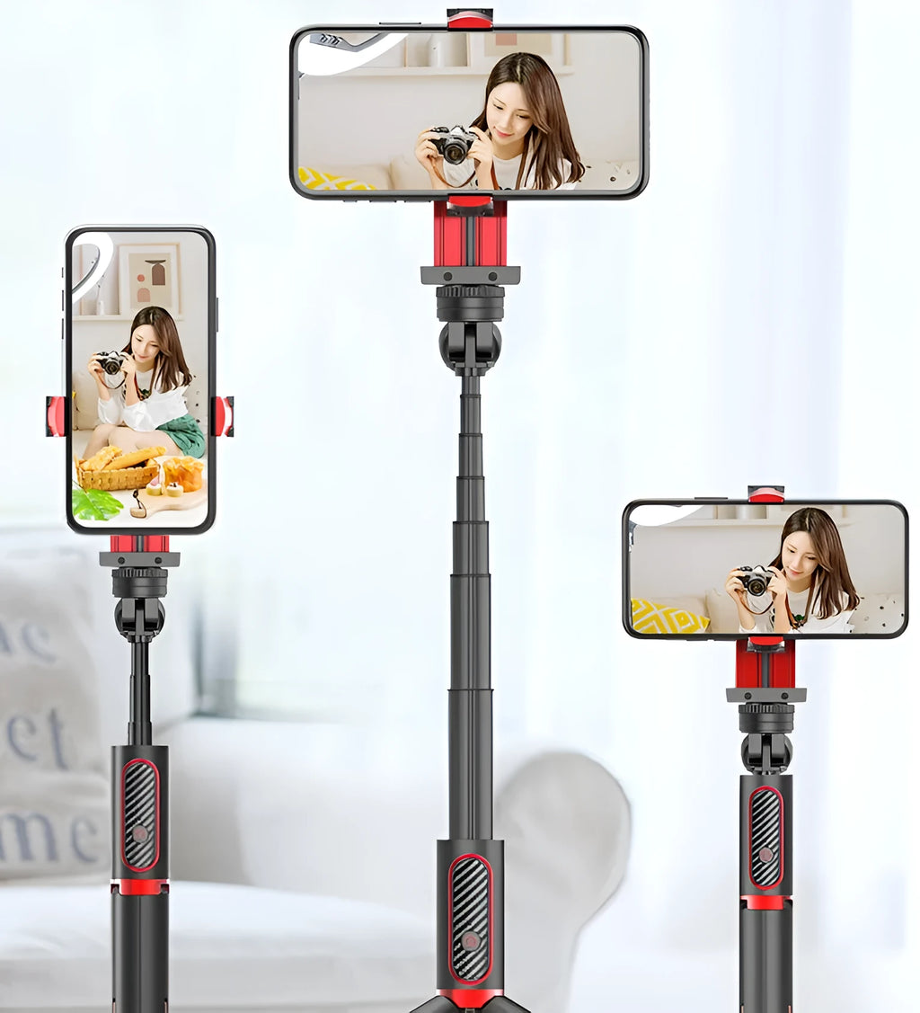 Black aluminium video stabiliser tripod extended with a mobile phone secured in the clamp.