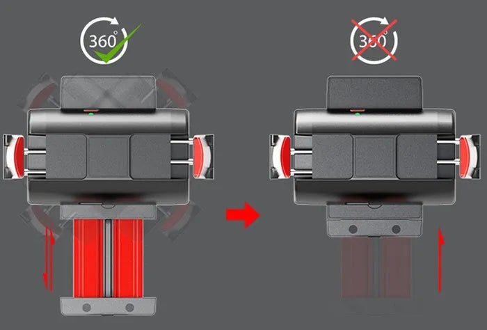 Black aluminium video stabiliser tripod extended with a mobile phone secured in the clamp.