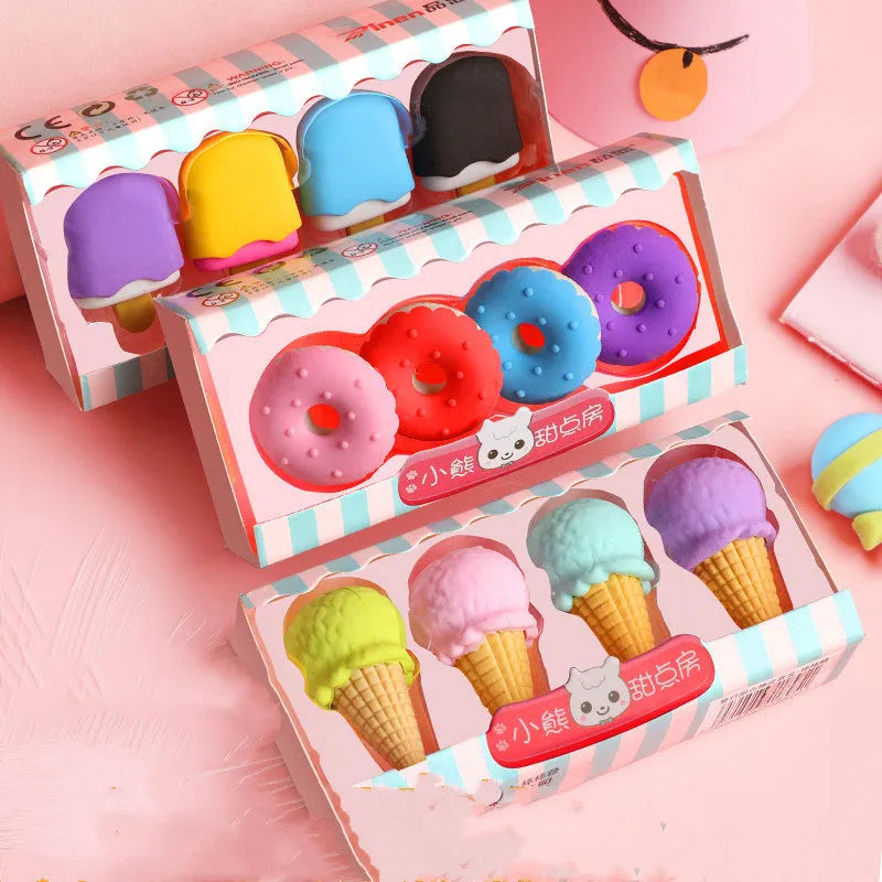 Set of 12 cartoon erasers with ice cream, donut, lollipop, and cone designs for children.