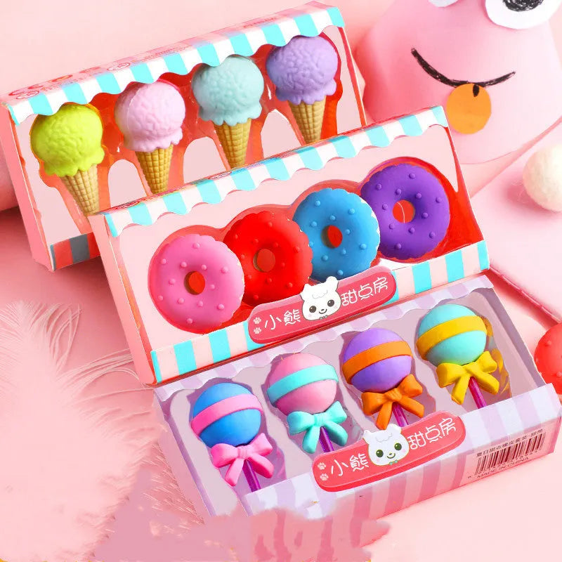 Set of 12 cartoon erasers with ice cream, donut, lollipop, and cone designs for children.