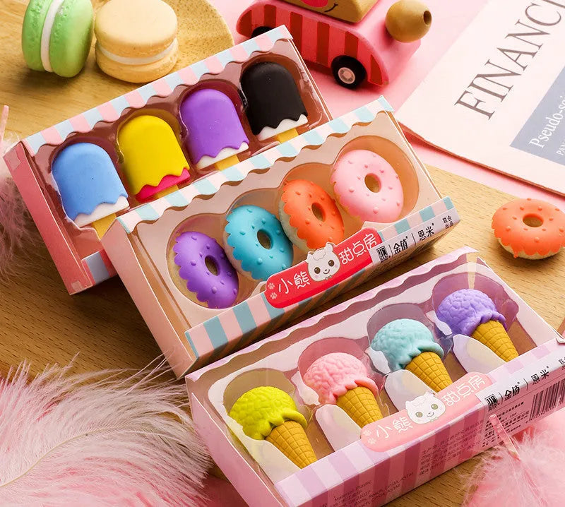 Set of 12 cartoon erasers with ice cream, donut, lollipop, and cone designs for children.