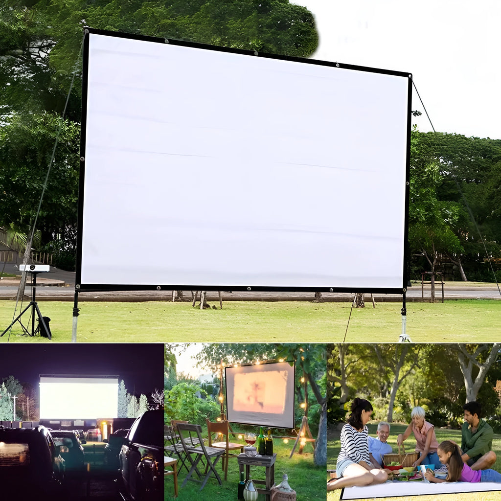 White 150 inch 4:3 portable folding projector screen partially unfolded