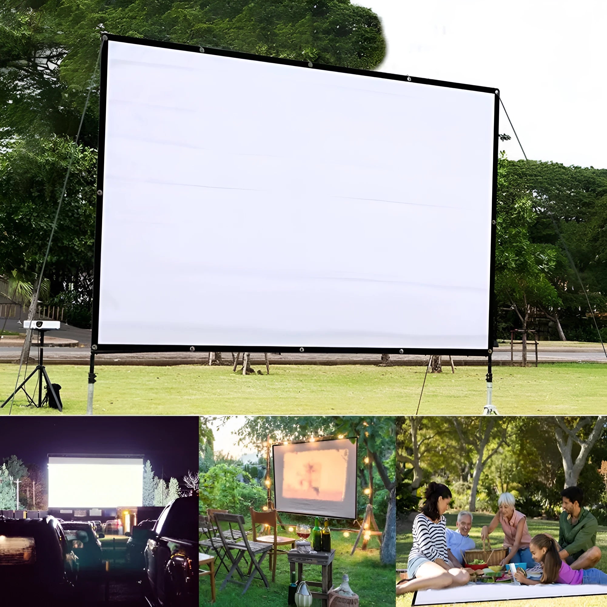 White 150 inch 4:3 portable folding projector screen partially unfolded