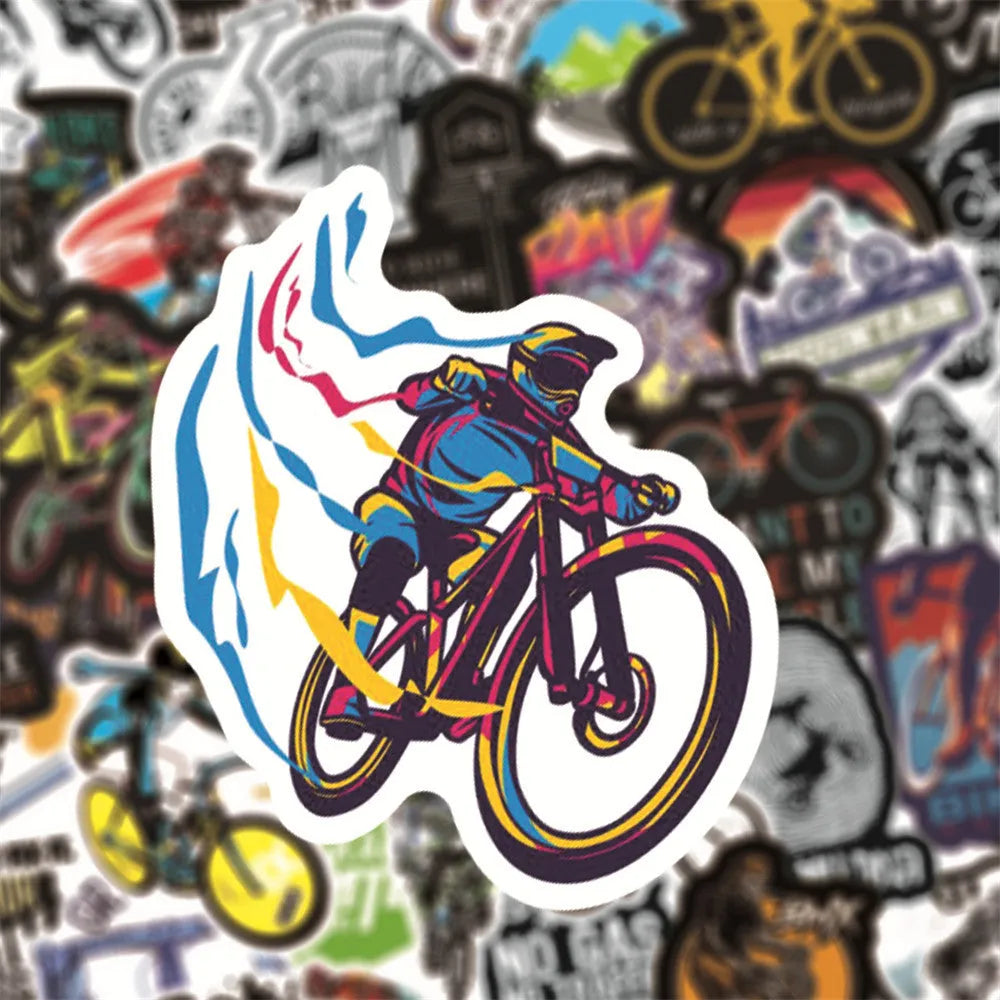 Pack of 50 bicycle-themed doodle stickers in MTB and general bike styles for decoration.
