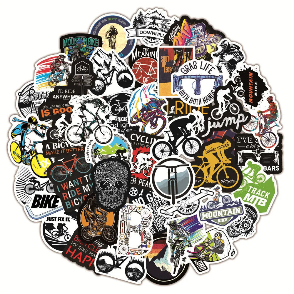 Pack of 50 bicycle-themed doodle stickers in MTB and general bike styles for decoration.