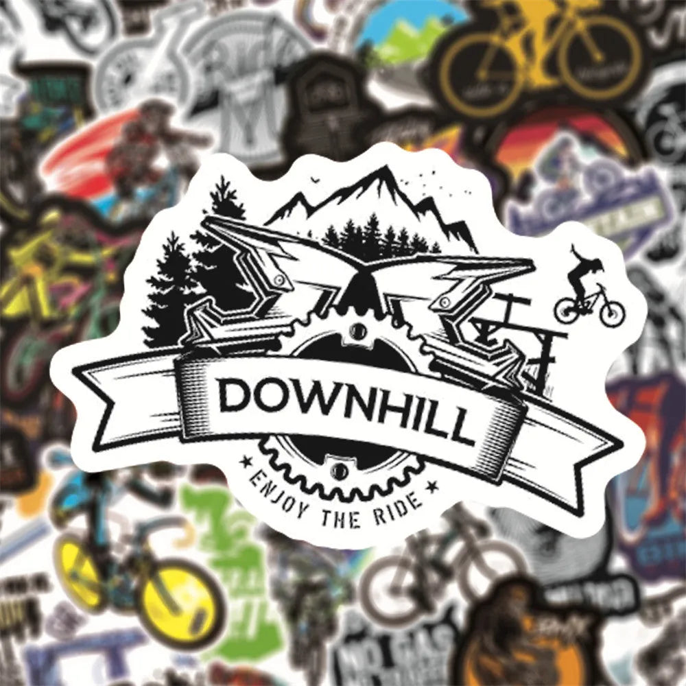 Pack of 50 bicycle-themed doodle stickers in MTB and general bike styles for decoration.