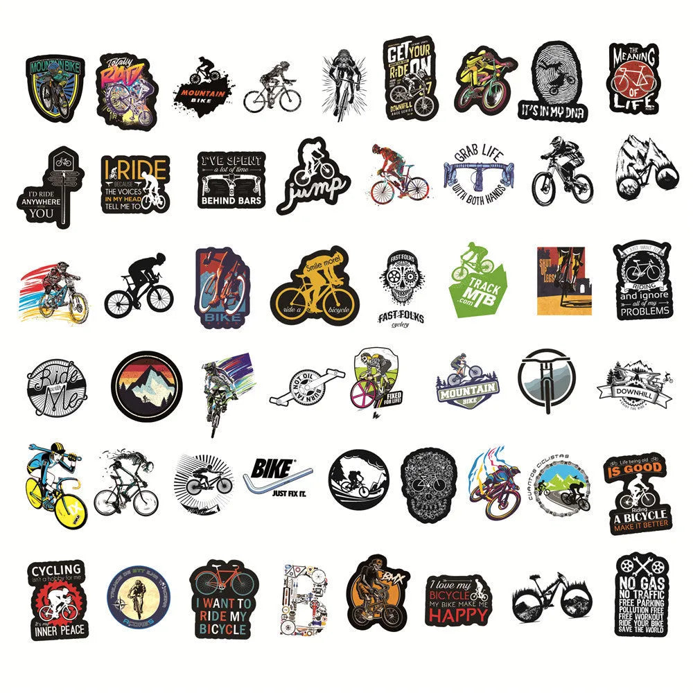 Pack of 50 bicycle-themed doodle stickers in MTB and general bike styles for decoration.