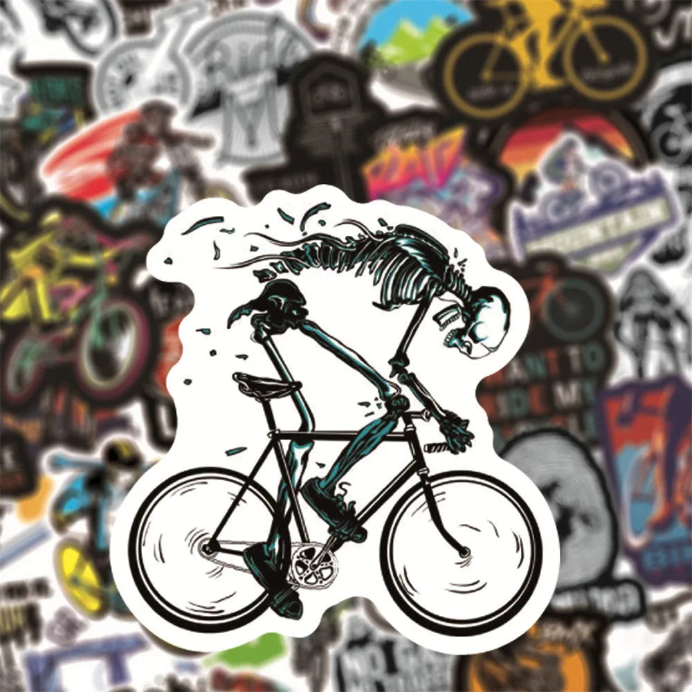 Pack of 50 bicycle-themed doodle stickers in MTB and general bike styles for decoration.