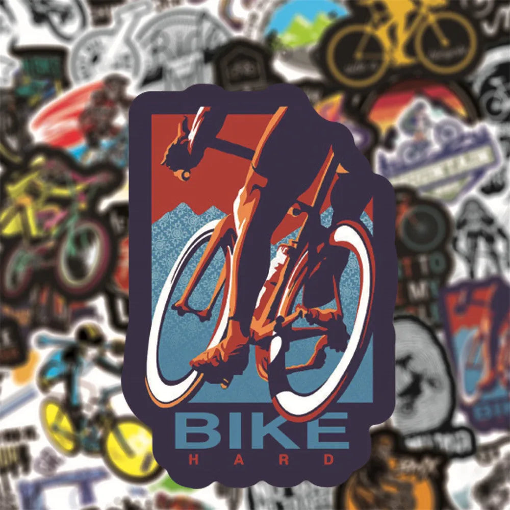 Pack of 50 bicycle-themed doodle stickers in MTB and general bike styles for decoration.