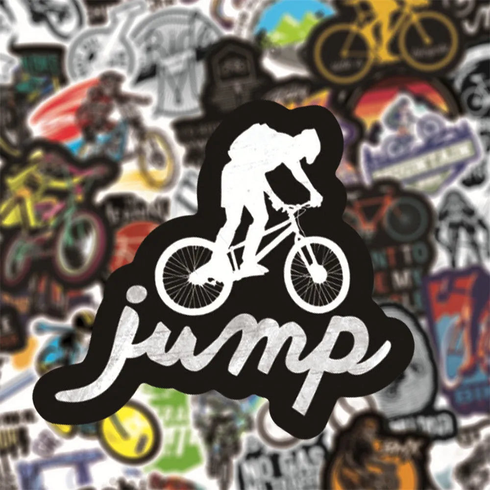 Pack of 50 bicycle-themed doodle stickers in MTB and general bike styles for decoration.