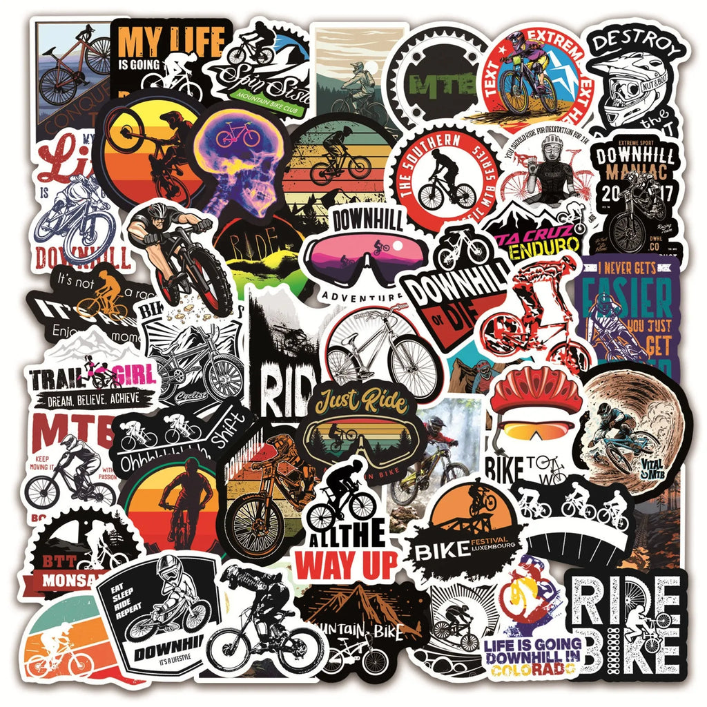 Pack of 50 bicycle-themed doodle stickers in MTB and general bike styles for decoration.