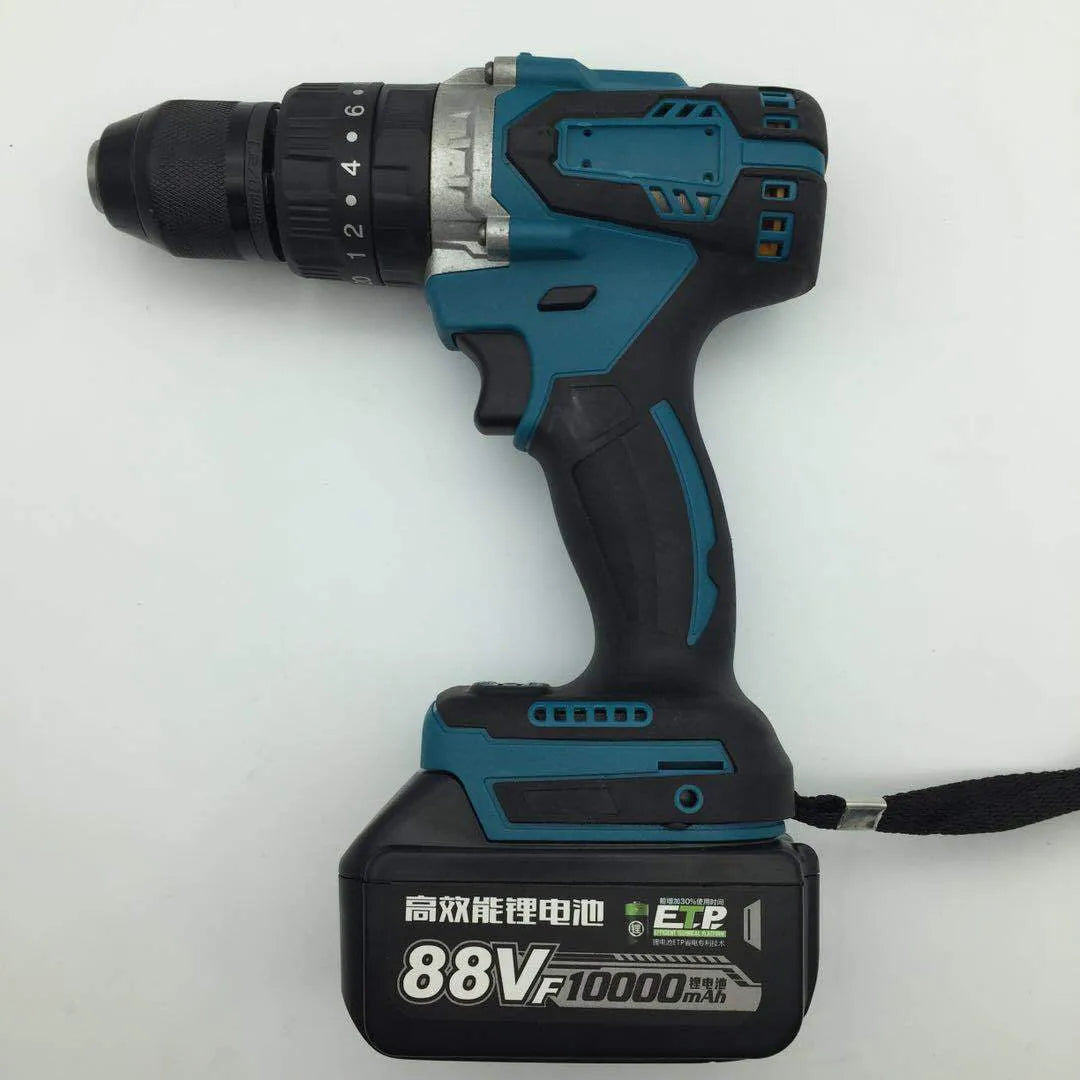 Cordless 21V impact drill and screwdriver with lithium battery and keyless chuck on grey background