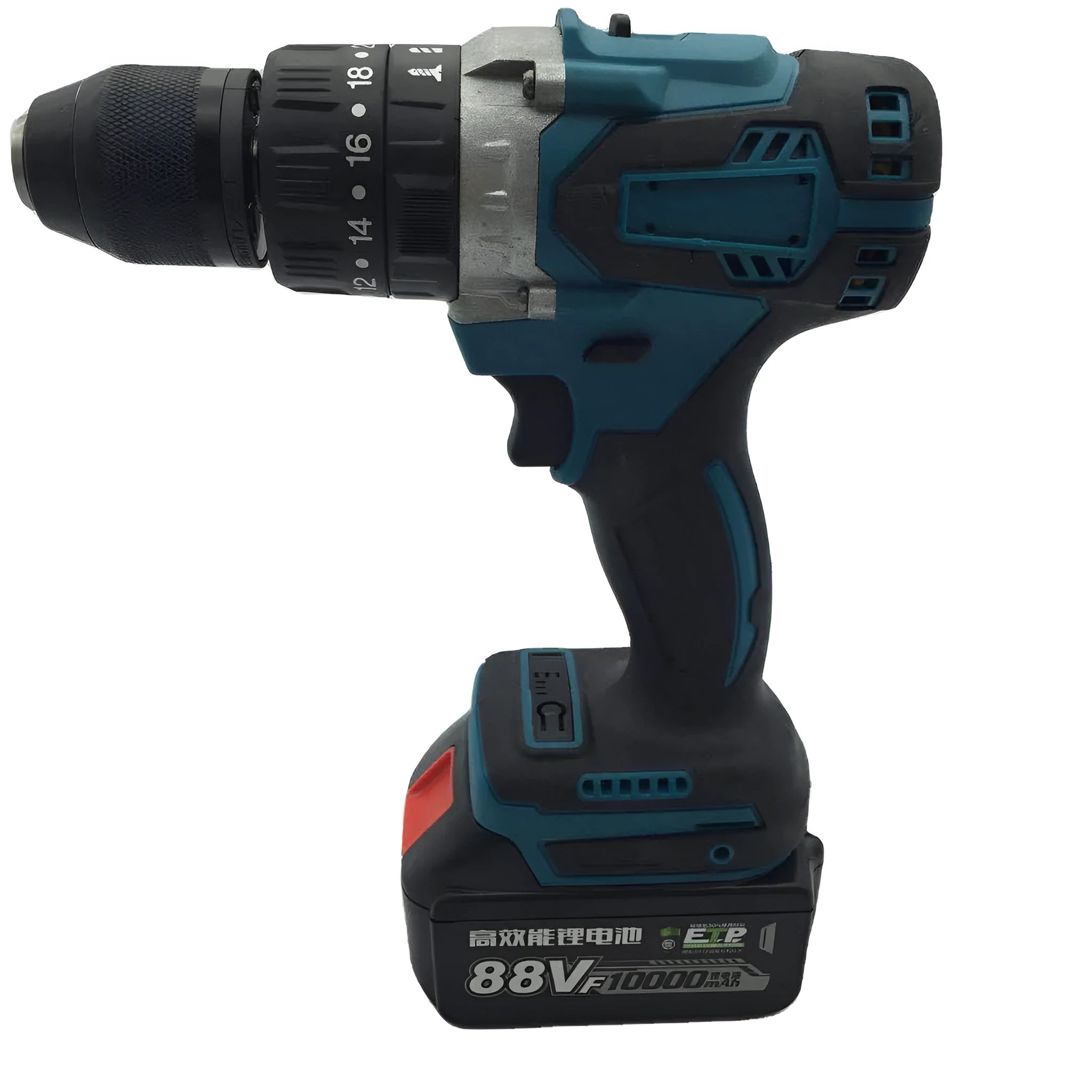 Cordless 21V impact drill and screwdriver with lithium battery and keyless chuck on grey background