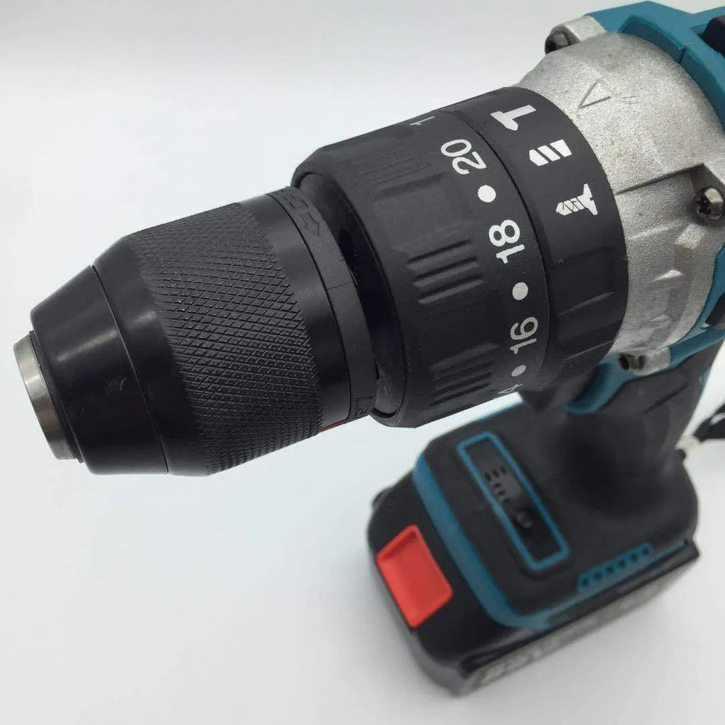 Cordless 21V impact drill and screwdriver with lithium battery and keyless chuck on grey background
