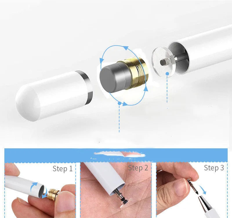 Capacitive touch screen stylus pen with transparent disc tip, stainless steel body, available in black white rose gold space gray