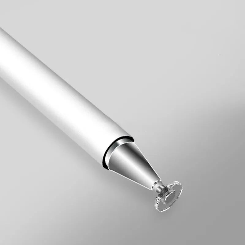 Capacitive touch screen stylus pen with transparent disc tip, stainless steel body, available in black white rose gold space gray