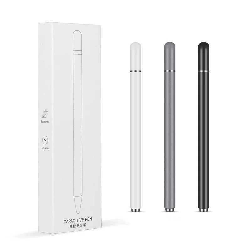 Capacitive touch screen stylus pen with transparent disc tip, stainless steel body, available in black white rose gold space gray