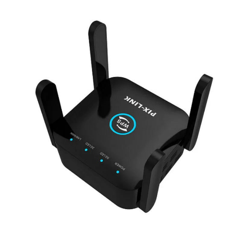 PIXLINK AC24 white and black dual frequency wireless WiFi extender and router unit with Cat5 cable.