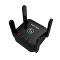 PIXLINK AC24 white and black dual frequency wireless WiFi extender and router unit with Cat5 cable.