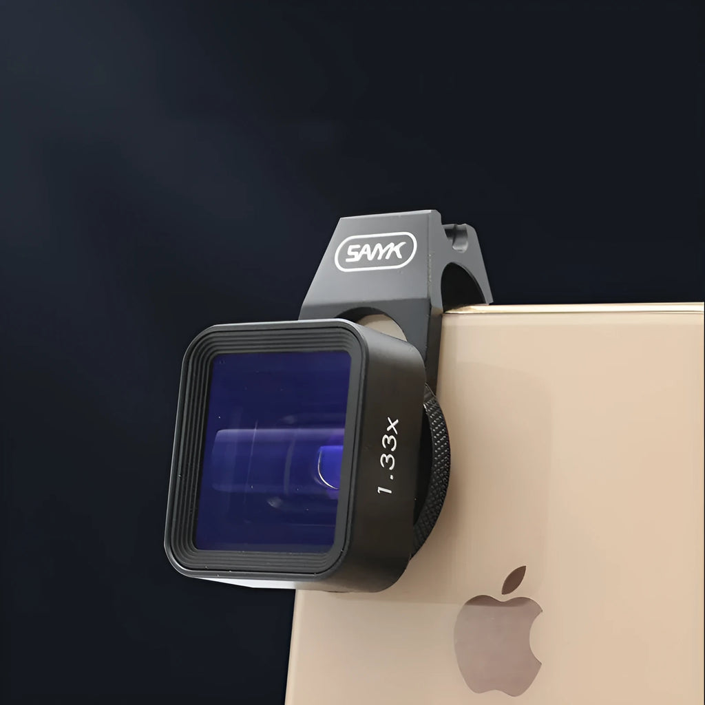 Black SANYK 1.33x anamorphic mobile phone lens for cinematic widescreen video.