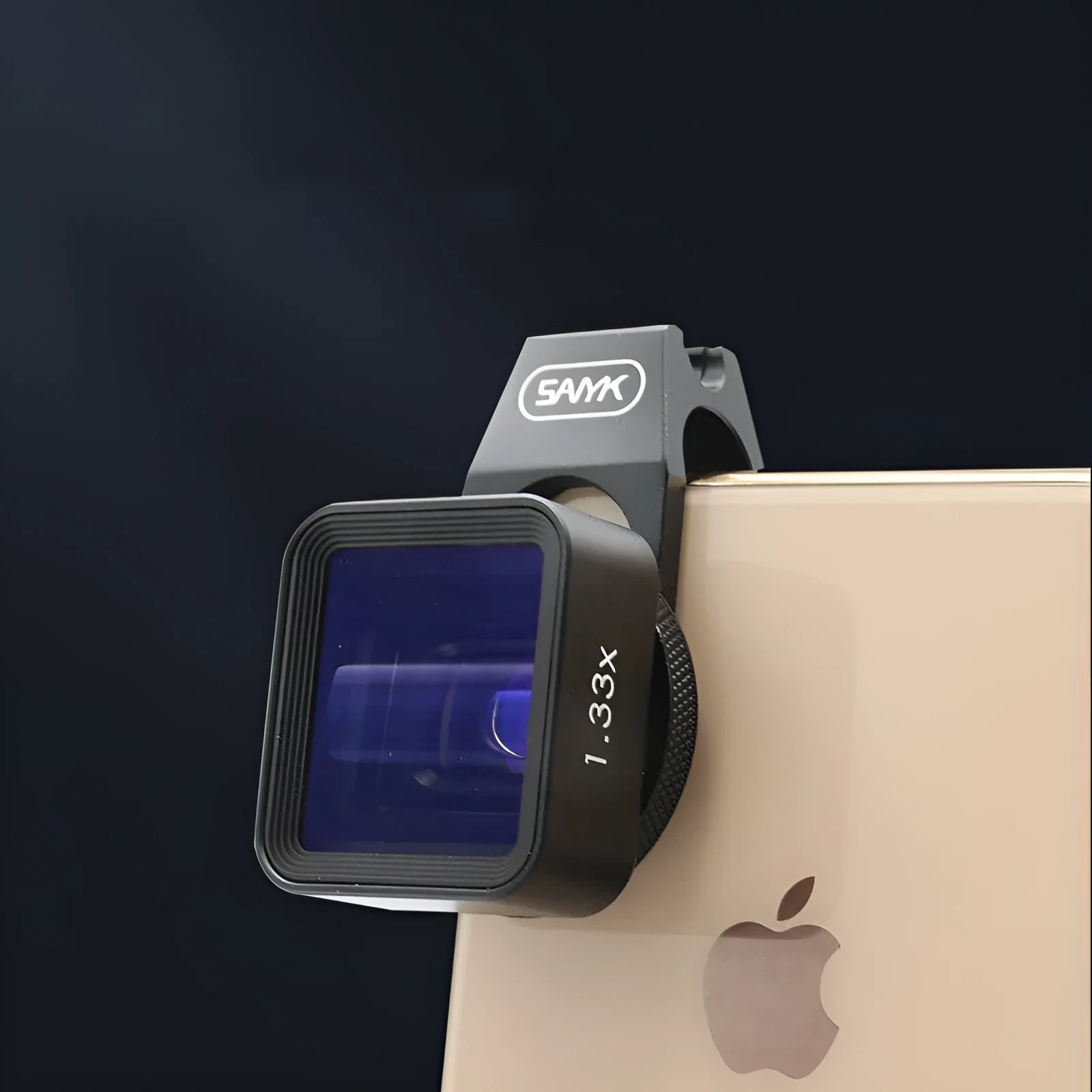 Black SANYK 1.33x anamorphic mobile phone lens for cinematic widescreen video.