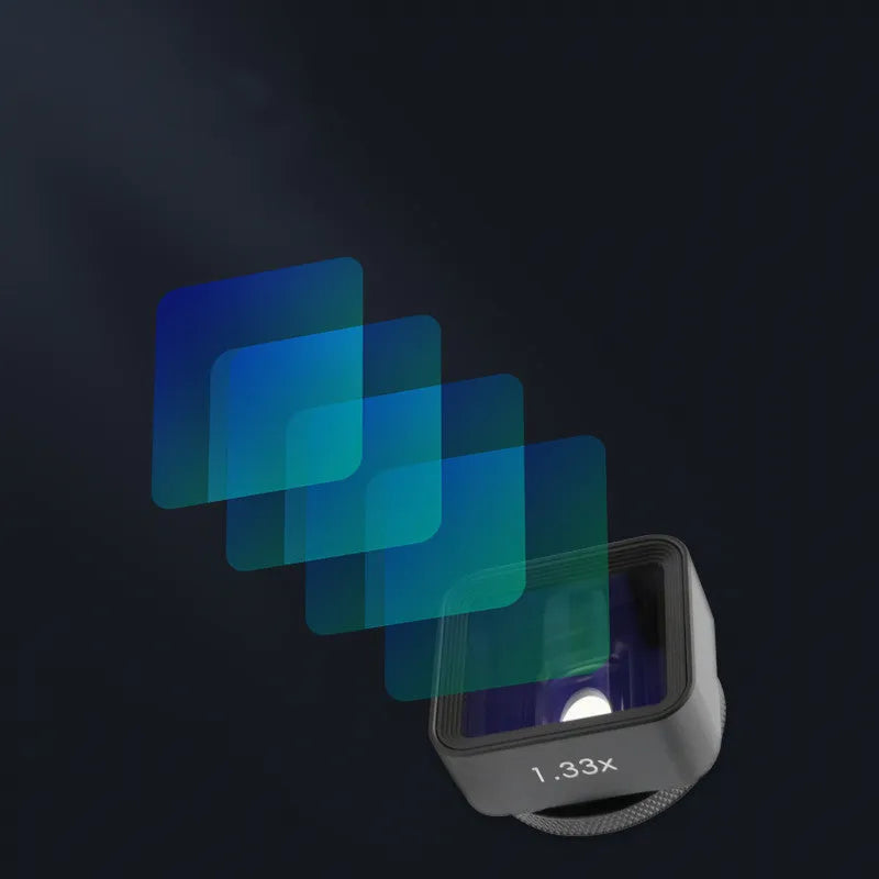 Black SANYK 1.33x anamorphic mobile phone lens for cinematic widescreen video.