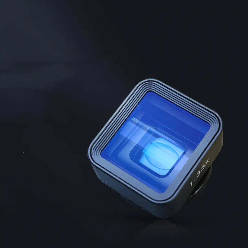 Black SANYK 1.33x anamorphic mobile phone lens for cinematic widescreen video.
