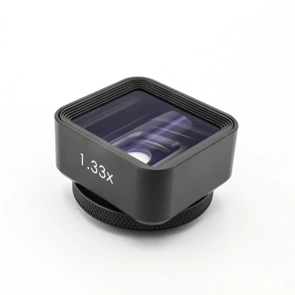 Black SANYK 1.33x anamorphic mobile phone lens for cinematic widescreen video.