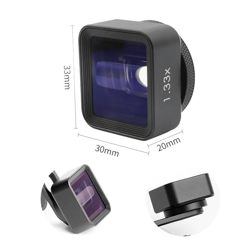 Black SANYK 1.33x anamorphic mobile phone lens for cinematic widescreen video.