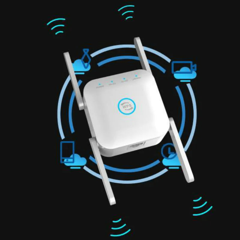 PIXLINK AC24 white and black dual frequency wireless WiFi extender and router unit with Cat5 cable.