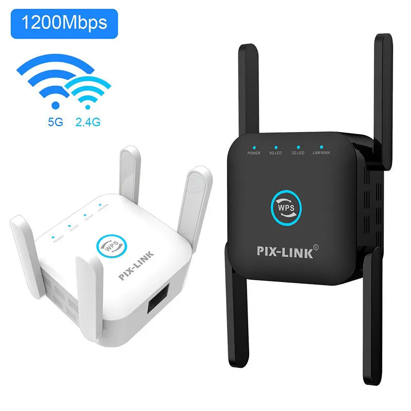 PIXLINK AC24 white and black dual frequency wireless WiFi extender and router unit with Cat5 cable.