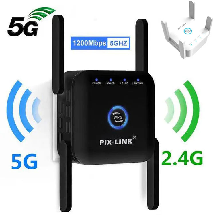 PIXLINK AC24 white and black dual frequency wireless WiFi extender and router unit with Cat5 cable.