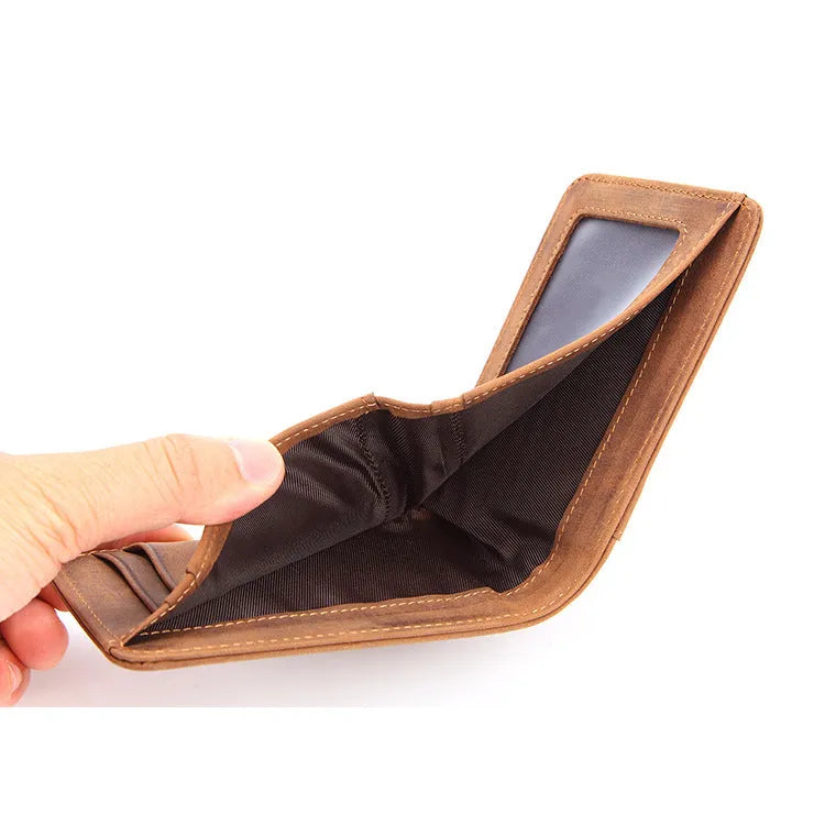 Mini RFID men's leather wallet in brown, front view, head layer cowhide, slim design