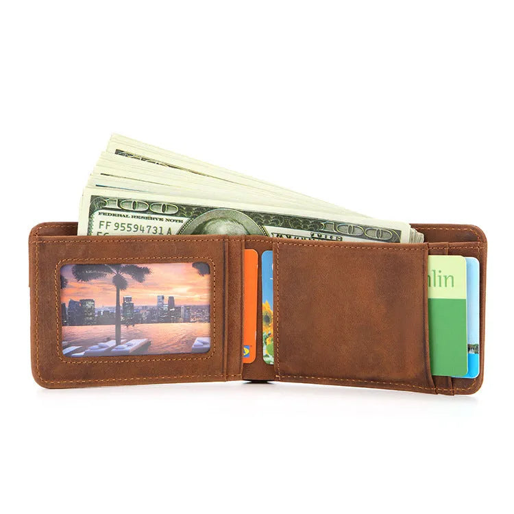 Mini RFID men's leather wallet in brown, front view, head layer cowhide, slim design