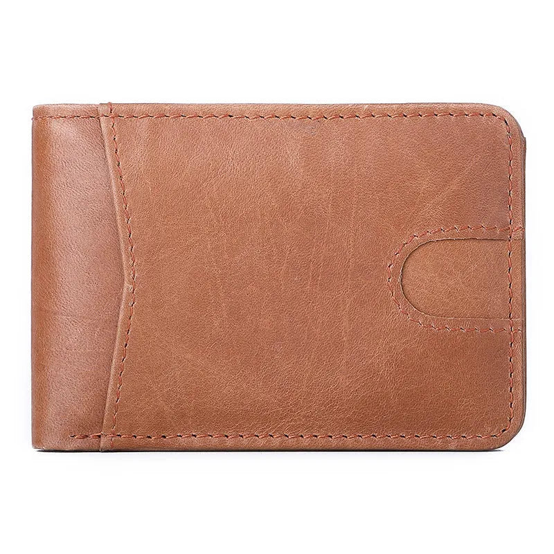 Mini RFID men's leather wallet in brown, front view, head layer cowhide, slim design