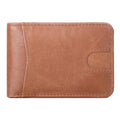 Mini RFID men's leather wallet in brown, front view, head layer cowhide, slim design