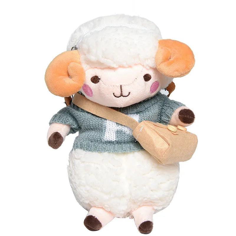 Little Sheep plush crossbody bag in blue with lamb pattern, showing small square shape and soft handle