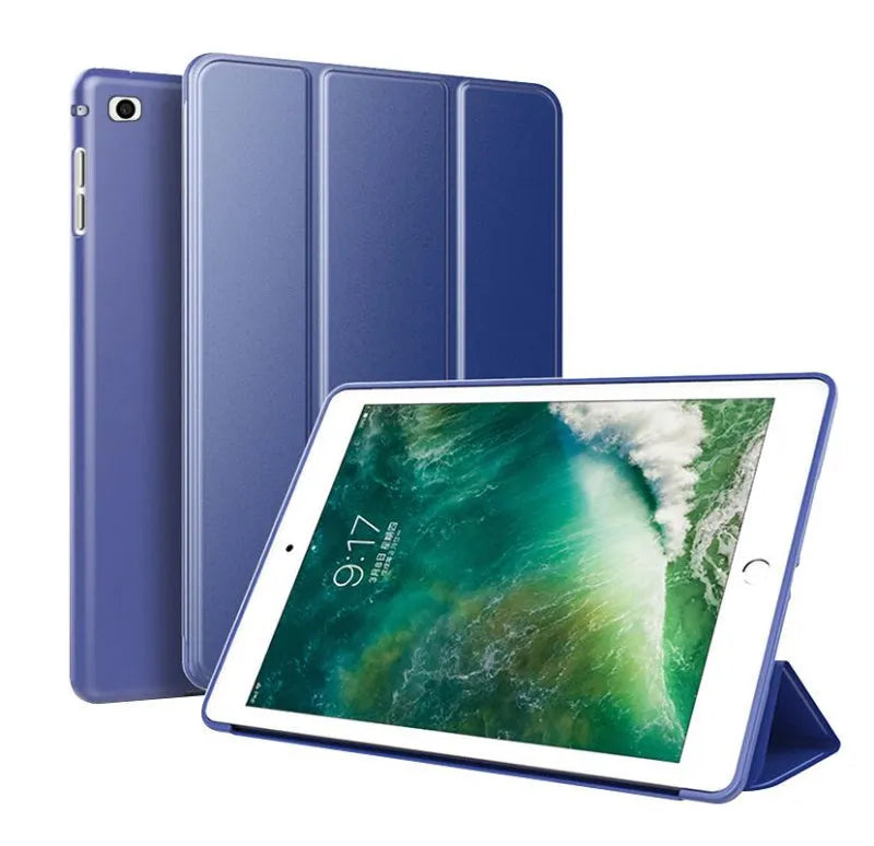 Black TPU clamshell case with stand for 9.7-inch iPad, shown propped up at an angle.