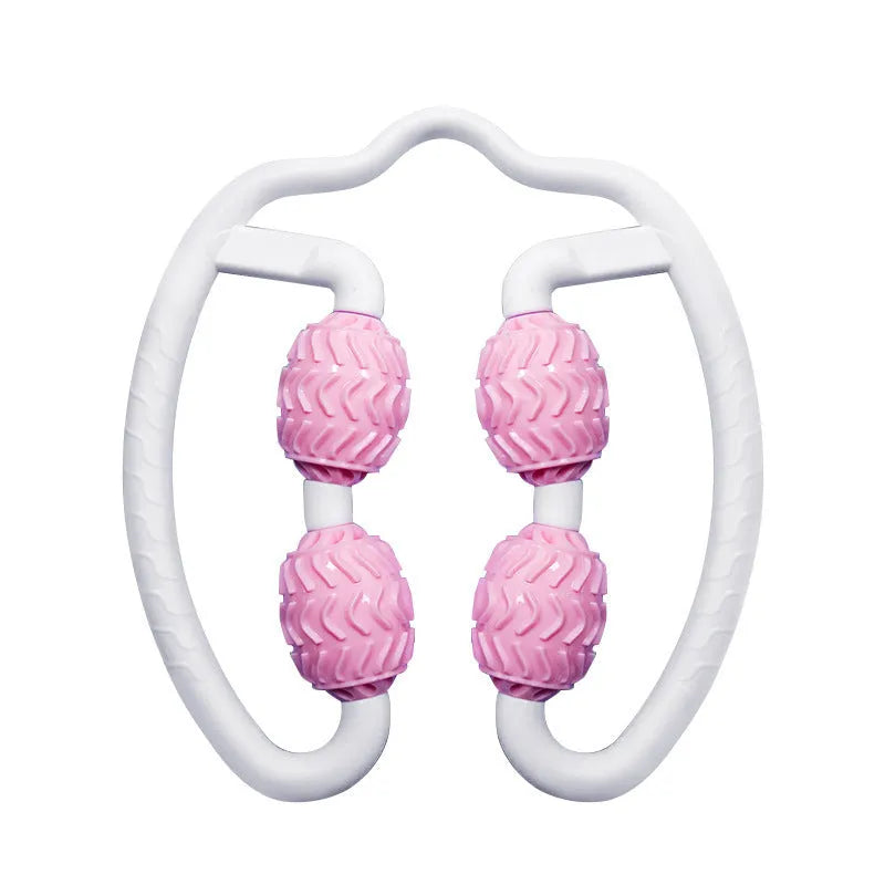 Purple and pink annular silicone leg massage roller for calf muscle recovery