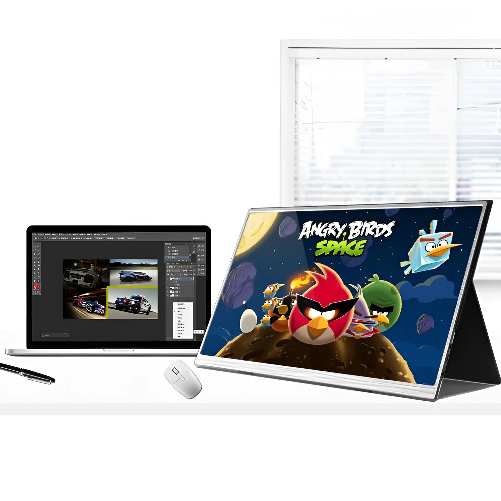 Zeuslap ultra-thin 15-inch portable display monitor with HDMI and USB-C cables on a desk