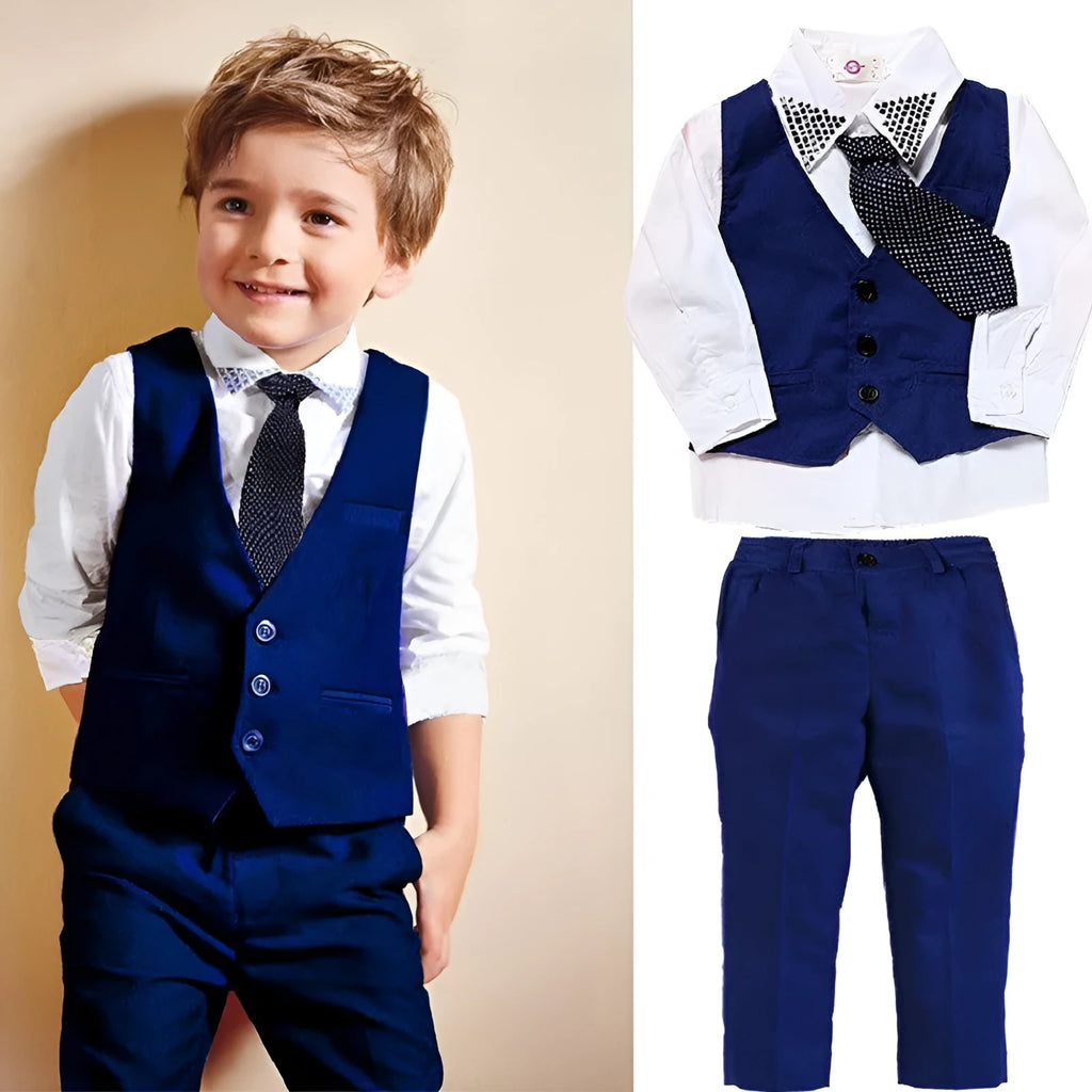 Blue boys smart clothing set with turtleneck, waistcoat, tie, and trousers on a hanger