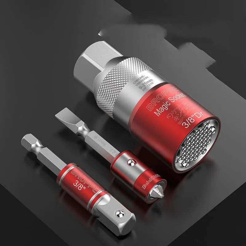 Red electric screw wrench socket set with 7-19mm and 9-21mm metric universal sleeve sets