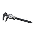 Black plastic vernier caliper showing 0-150mm scale with stainless steel measurement jaws