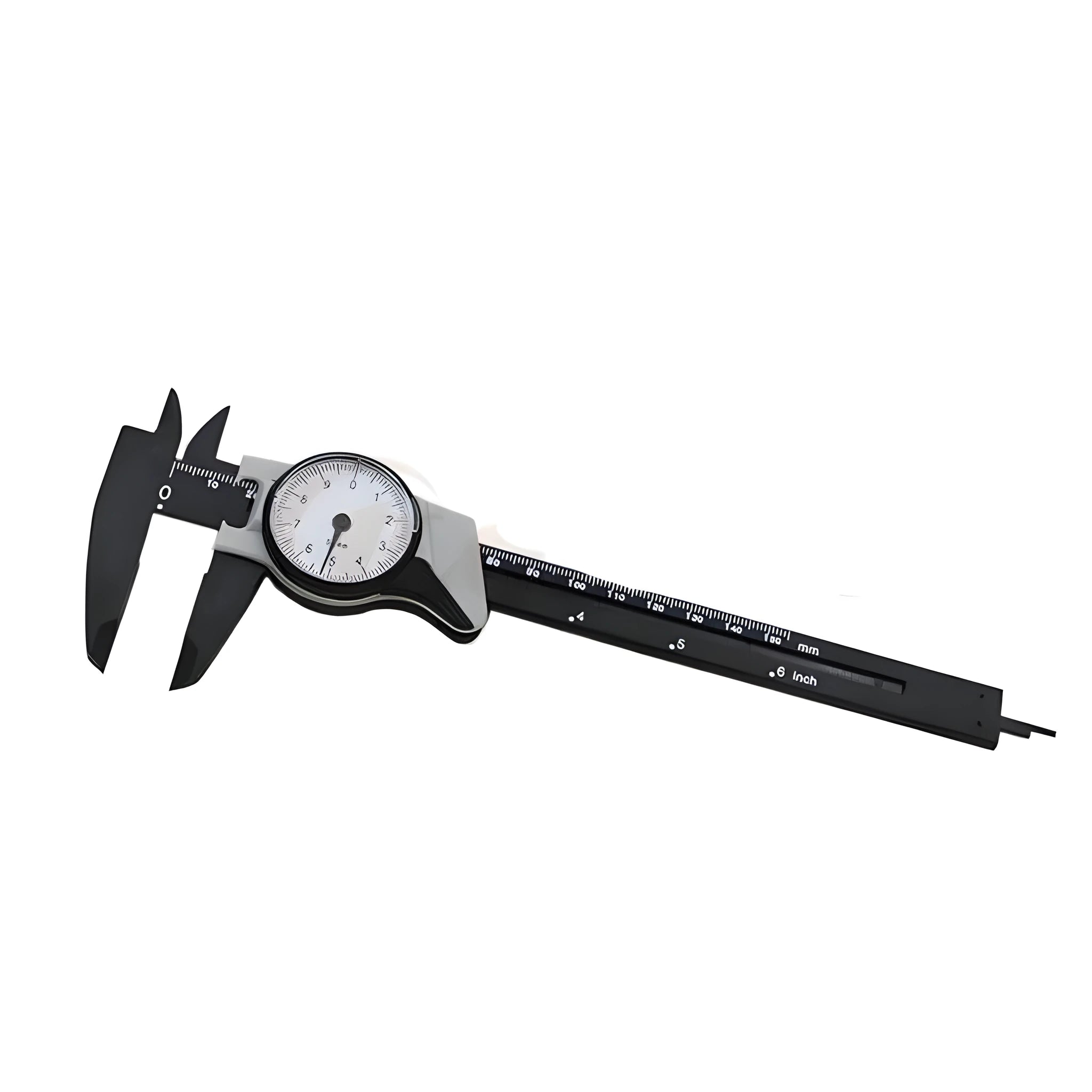 Black plastic vernier caliper showing 0-150mm scale with stainless steel measurement jaws