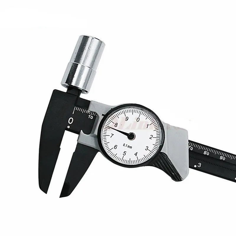 Black plastic vernier caliper showing 0-150mm scale with stainless steel measurement jaws