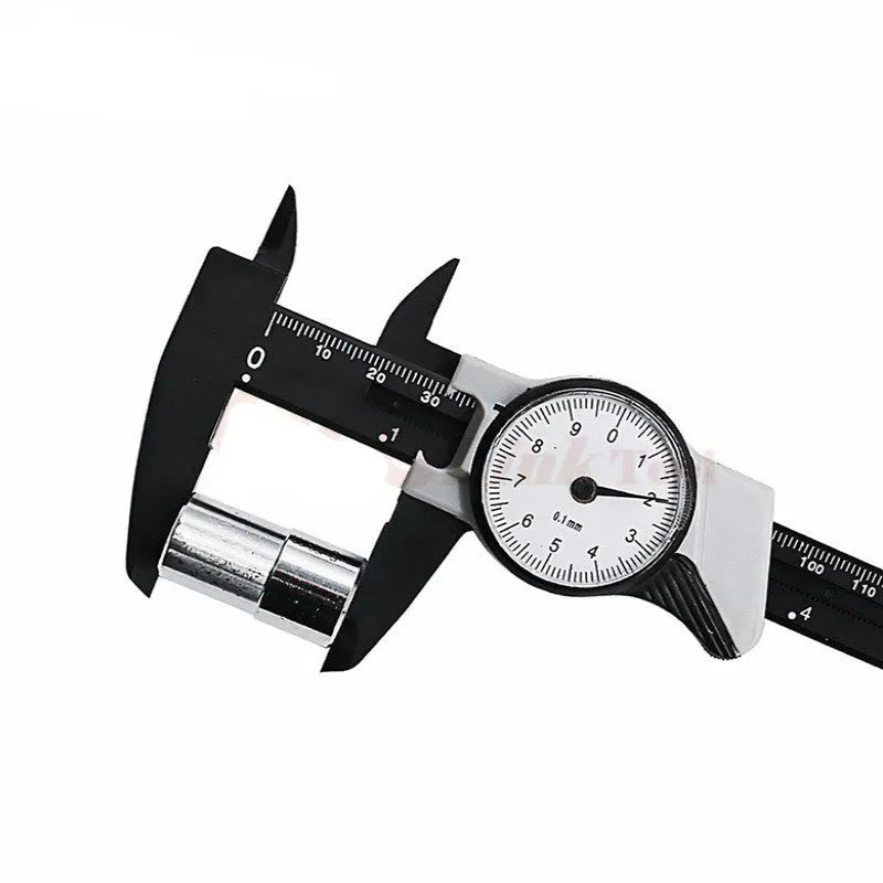 Black plastic vernier caliper showing 0-150mm scale with stainless steel measurement jaws