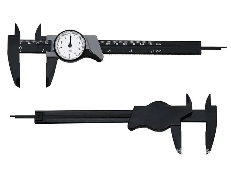 Black plastic vernier caliper showing 0-150mm scale with stainless steel measurement jaws