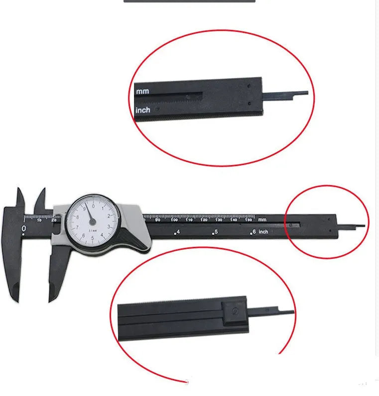 Black plastic vernier caliper showing 0-150mm scale with stainless steel measurement jaws