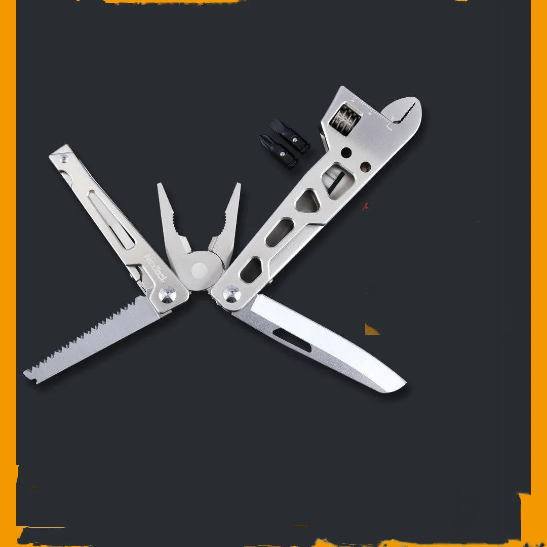 White stainless steel multi-function tool with wrench, knife blade, and needle nose pliers