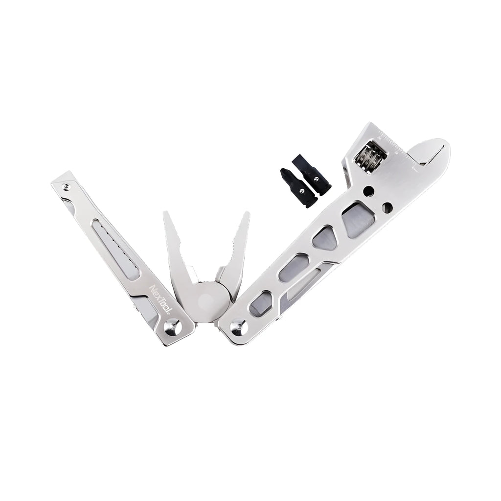 White stainless steel multi-function tool with wrench, knife blade, and needle nose pliers